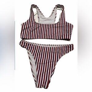 Striped Burgundy and White Women’s Two-Piece Swim Set